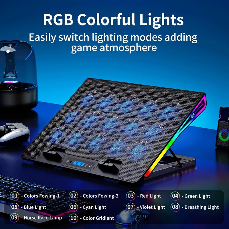 KeiBn وسادة تبريد لابتوب، مروحة تبريد لابتوب للألعاب مع 15 مروحة هادئة، مبرد لابتوب RGB بحجم 10-17.3 بوصة، 4 ارتفاعات، 2 منفذ USB - أزرق - Image 5